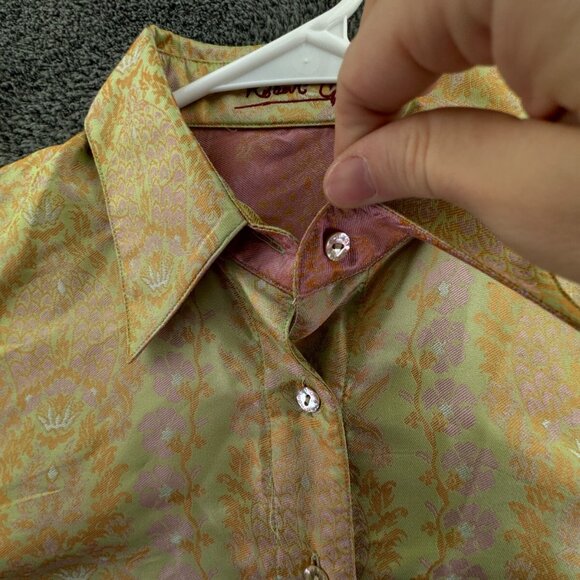 Robert Graham Women Shiny Floral Print Button Up Small Shirt Green Pink L/S - Picture 8 of 16